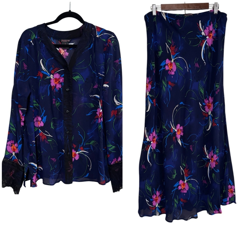 Francesca Floral Sheer Blouse SzXL & Navy Lined Floral Maxi Skirt Sz Large